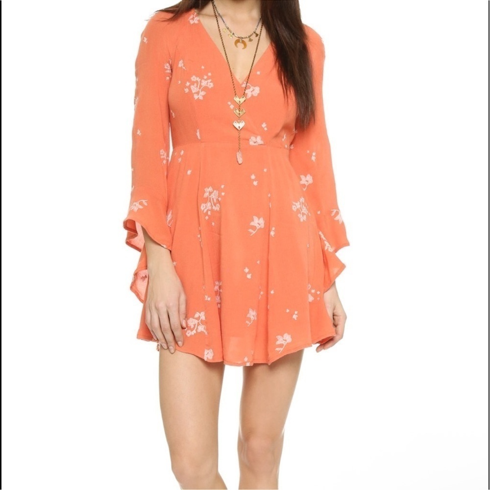 Free People Orange Floral Fairycore Bell Sleeve Mini Dress